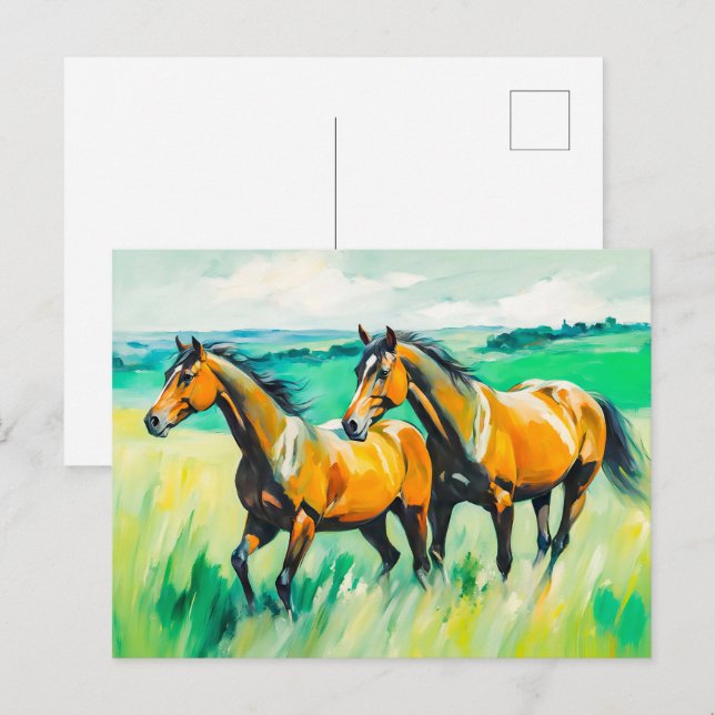 Cartão Postal Dois Cavalos Marrons Correndo Sobre O Prado Verde (Frente/Verso)
