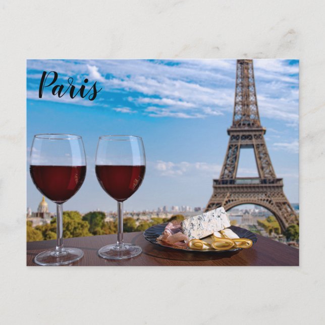 Cartão Postal Dois copos de vinho no café em Paris (Frente)