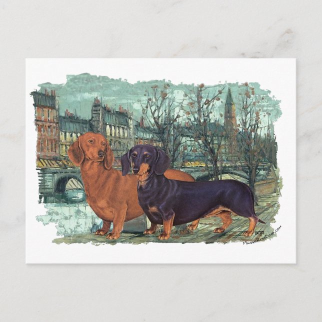 Cartão Postal Dois Dachshunds na Cidade (Frente)