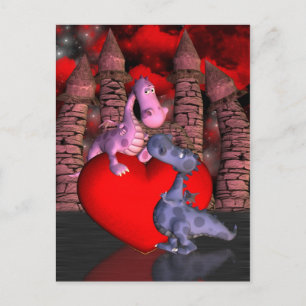 Cartão Postal dois dragões bonitos, um no coração, um olhando pa