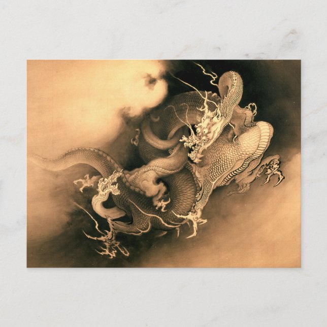 Cartão Postal Dois Dragões em Nuvens (1885) por Kanō Hōgai (Frente)