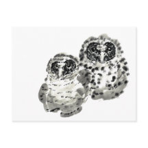 Dois filhotes de coruja pintura sumie ink