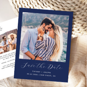 Cartão Postal Dois Fotos Minimalista Azul Marinho Save the Date