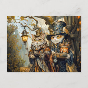 Cartão Postal Dois Gatos Mágicos em Cena de Fantasia Steampunk