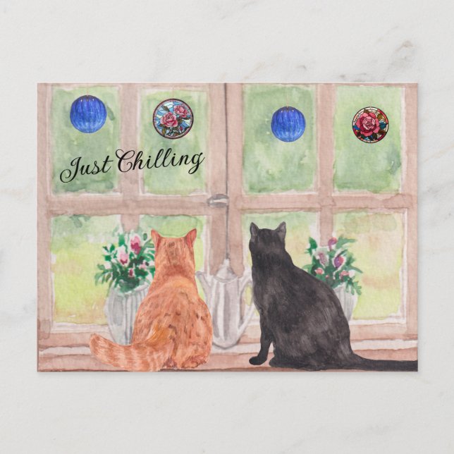 CARTÃO POSTAL Dois Gatos na Janela Flores Serenas (Frente)