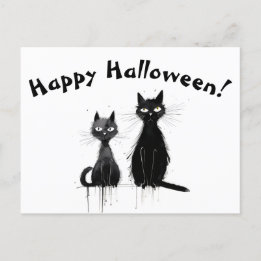 Cartão Postal Dois Gatos Negros Felizes Halloween