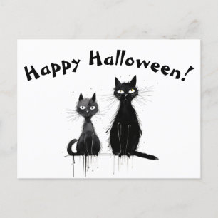 Cartão Postal Dois Gatos Negros Felizes Halloween
