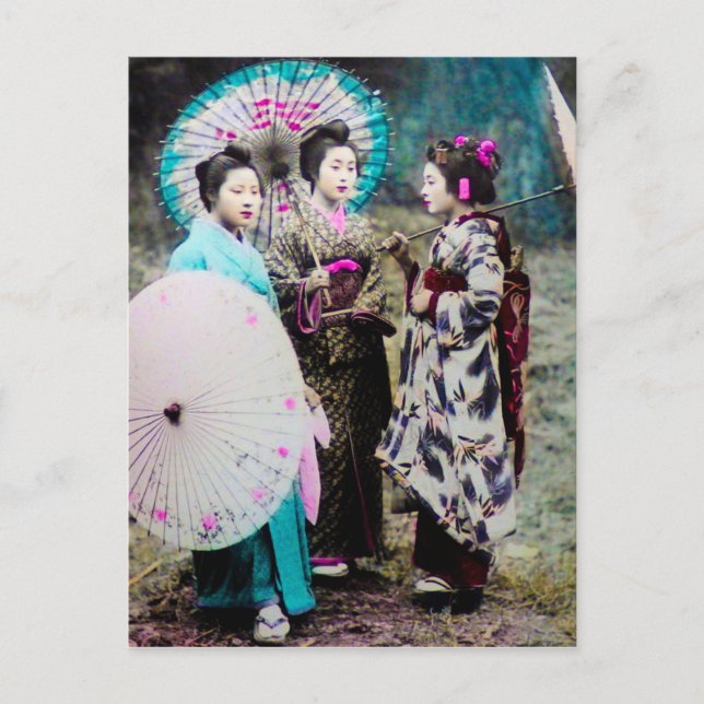Cartão Postal Dois Geisha e um Maiko e Parasols Antigo Japão (Frente)