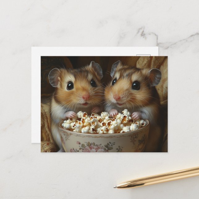 Cartão Postal Dois Hamsters Adoráveis Com Pipoca (Frente/Verso In Situ)