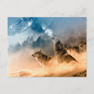 Cartão Postal Dois lobos uivam na lua de cheio na floresta