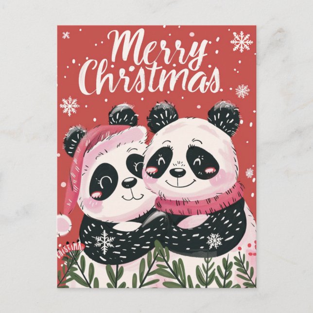 Cartão Postal Dois Panda Feliz Natal (Frente)
