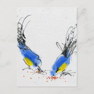 Cartão Postal Dois pequenos chapins bicando grãos. Caligrafia