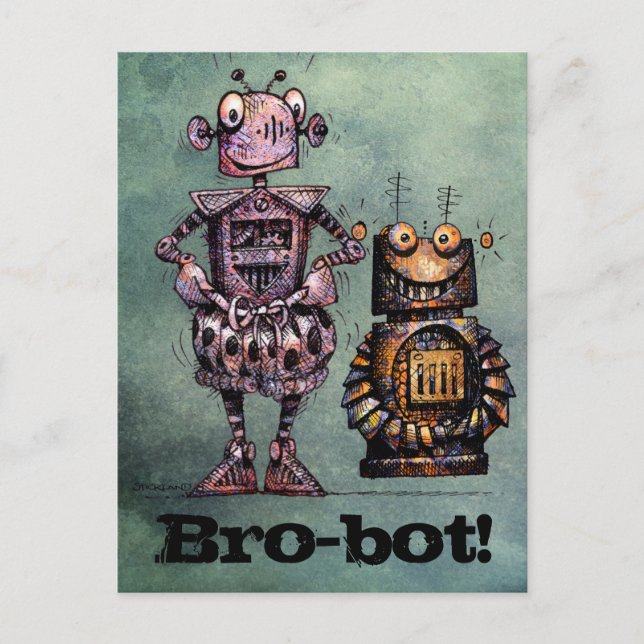 Cartão Postal Dois Robôs Engraçados - Bro-Bot! (Frente)