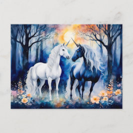 Cartão Postal Dois Unicórnios Juntos Sob o Céu Estrelado