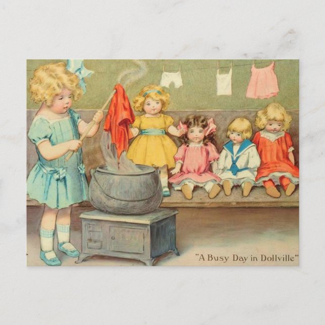 Cartão Postal Dolly Laundry Girl Vintage Brincando Bonecas (Frente)