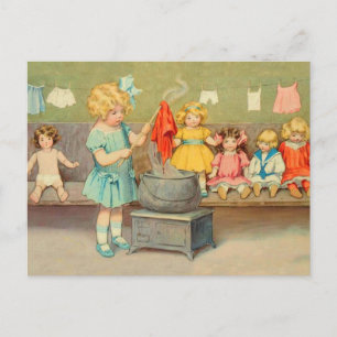 Cartão Postal Dolly Laundry Girl Vintage Brincando Bonecas