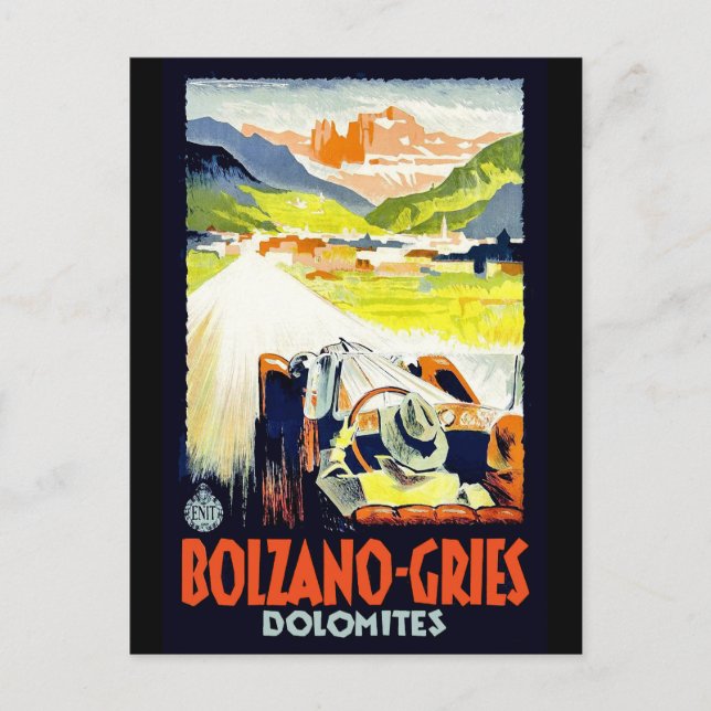 Cartão Postal Dolomitas, carro na estrada, Itália. Viagem retrô (Frente)