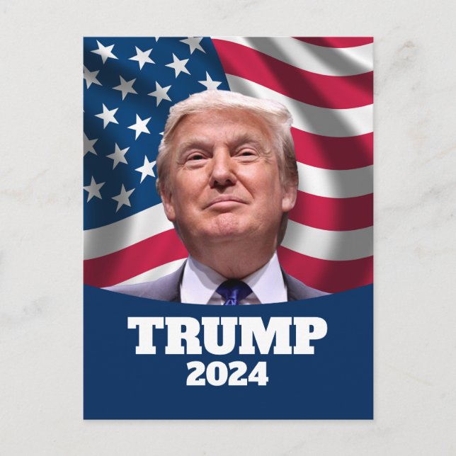 Cartão Postal Donald Trump Photo American Flag - Presidente 2024 (Frente)