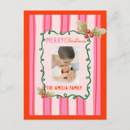 Cartão Postal  Doodle Christmas Pink Red Border Photo Holiday 
