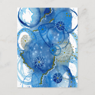 Cartão Postal Doodle de Aquarela Abstrata Azul