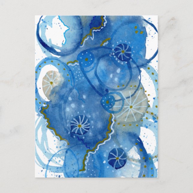 Cartão Postal Doodle de Aquarela Abstrata Azul (Frente)