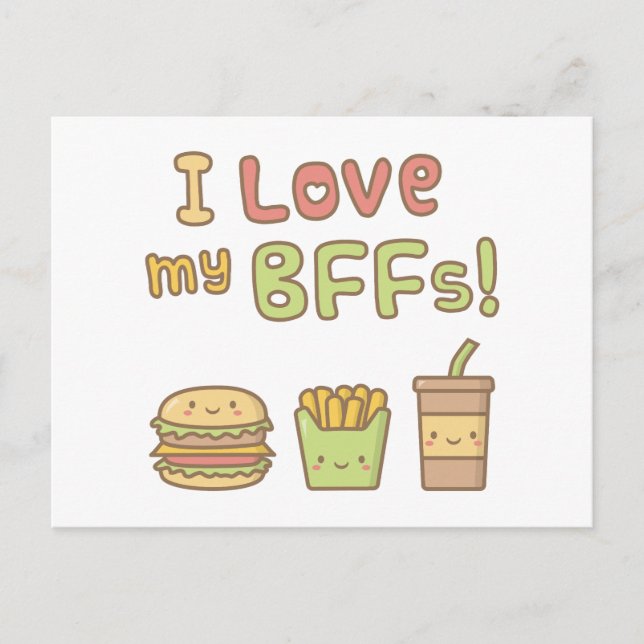 Cartão Postal Doodle de Comida Rápida Kawaii Eu Amo Meus BFFs (Frente)