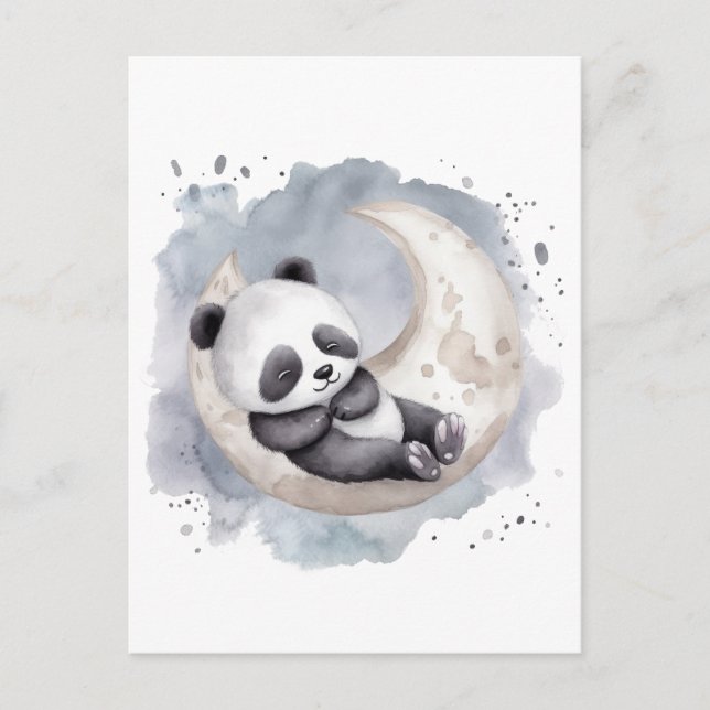 Cartão Postal Dormir Aquarela Crescente Lua Bebê Panda (Frente)