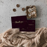 Cartão Postal Dourada Caligrafia Burgundia Obrigado<br><div class="desc">Este obrigado de caligrafia de ouro que você faz é perfeito para um casamento rústico. O design simples e elegante apresenta uma tipografia de rico e escrita dourada em fundo de marrom. Personalize a parte traseira do cartão postal, incluindo seus nomes, endereço de devolução e um obrigado da mensagem. Ou...</div>