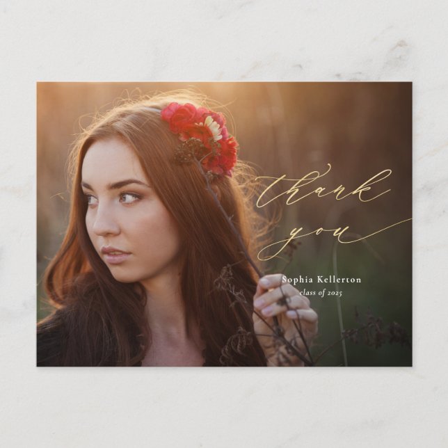 Cartão Postal Dourada caligrafia Script Foto Graduação Obrigado (Frente)