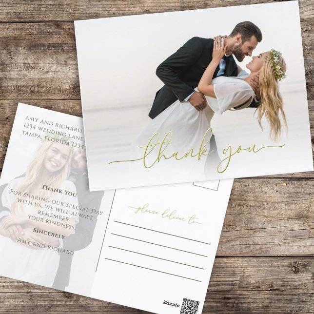 Cartão Postal Dourada Caligrafia Script Moderno Simples Duas Fot (Criador carregado)