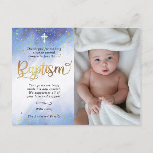 Cartão Postal Dourada e azul aquarela Foto do batismo Obrigado