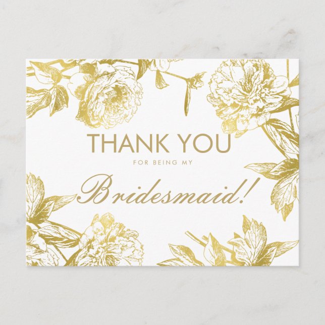 Cartão Postal Dourada e simples Bridesmaid Floral Obrigado (Frente)