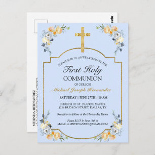 Cartão Postal Dourada Elegante Blue Floral 1rua Comunhão Santa