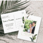 Cartão Postal Dourada Folhagem Tropical Foto de Casamento Obriga<br><div class="desc">Esta obrigado de fotos do casamento que você faz com o cartão-postal apresenta folhagem tropical verde-aquarela,  folhas de palmeiras,  folhas de bananeiras com sotaques de ouro falsos. Perfeito para casamentos,  aniversários,  aniversários,  aniversários,  graduações e outros eventos. >>> Veja toda a coleção << https://www.zazzle.com/collections/tropical_foliage_gold_collection-119316977990783186</div>