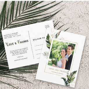 Cartão Postal Dourada Folhagem Tropical Foto de Casamento Obriga