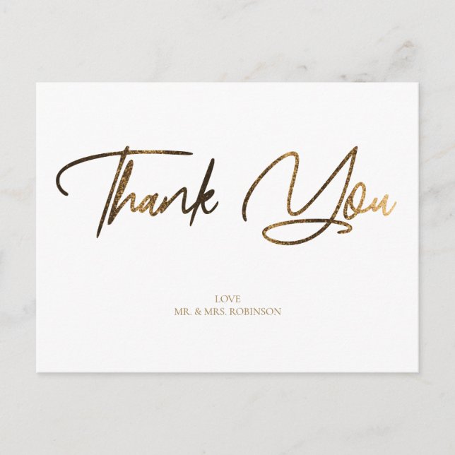 Cartão Postal Dourada Glitter Chic & White Obrigado Personalizad (Frente)