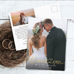 Cartão Postal Dourada mão - Letra Fotos de Script Casamento Obri<br><div class="desc">Elegante e simples obrigado de casamento, seu cartão-postal com texto de tipografia escrito à mão com um coração entre as palavras em impressão de ouro falso. Adicione seu cheio de fotos favorito sangrando na frente e outra foto na parte traseira com a mensagem padrão na parte traseira que é editável....</div>