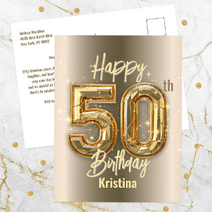Cartão Postal Dourado Brilhante e Diamante Aniversário de 50 ano