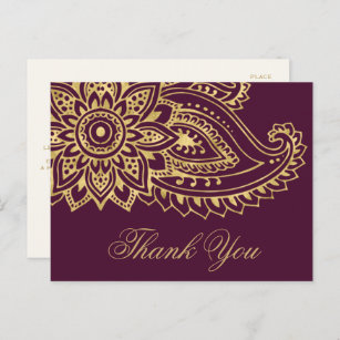 Cartão Postal Dourado Casamento de Paisley Indiano Obrigado
