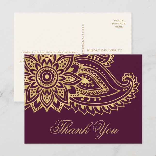Cartão Postal Dourado Casamento de Paisley Indiano Obrigado (Frente/Verso)