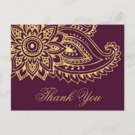 Cartão Postal Dourado Casamento de Paisley Indiano Obrigado