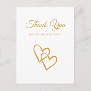 Cartão Postal Dourado Casamento Simples De Coração Duplo Obrigad