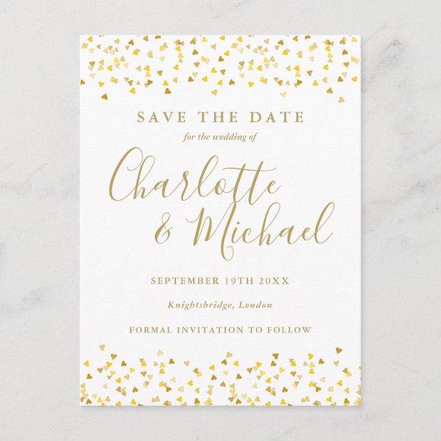 Cartão Postal Dourado Coração Confetti Salvar a Data (Frente)