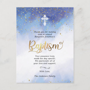 Cartão Postal Dourado e azul aquarela batismo Obrigado