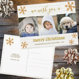 Cartão Postal Dourado Floco de Neve 3 Foto Feliz Natal