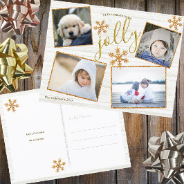 Cartão Postal Dourado Floco de Neve 4 Foto Natal Jolly