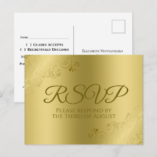 Cartão Postal Dourado na RSVP de Casamento de Filigre Floral Ele