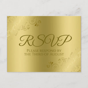 Cartão Postal Dourado na RSVP de Casamento de Filigre Floral Ele