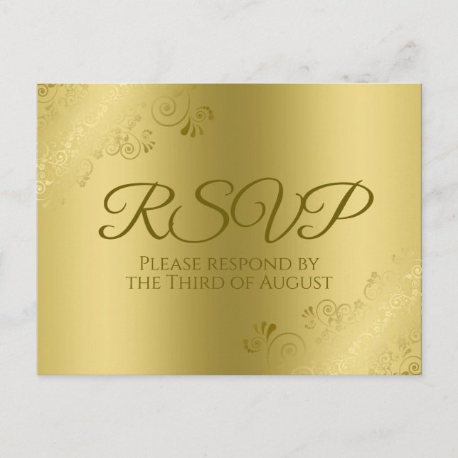 Cartão Postal Dourado na RSVP de Casamento de Filigre Floral Ele (Frente)