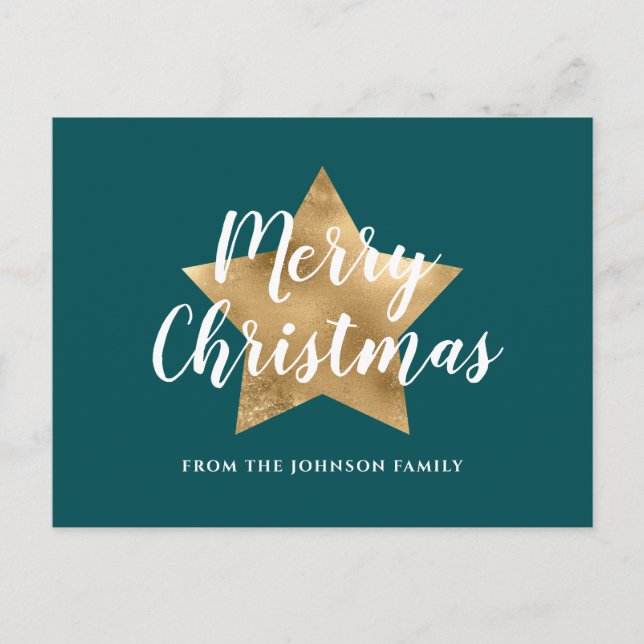 Cartão Postal Dourado Natal das estrelas verdes modernas (Frente)